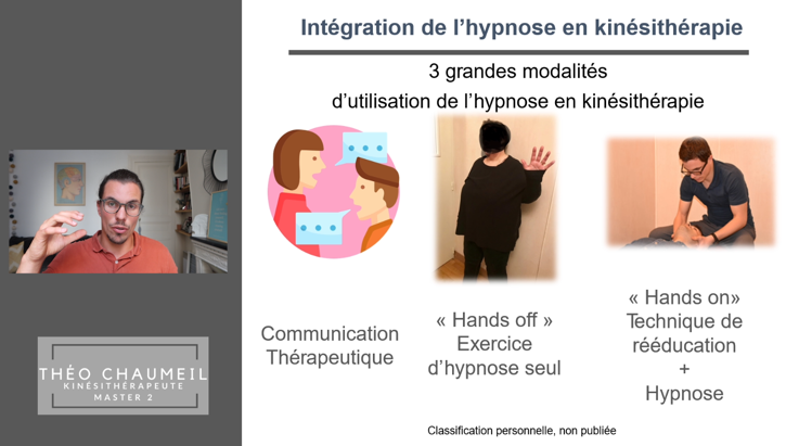 Aperçu de l'extrait de formation hypnose en kinésithérapie : 3 grandes modalités (communication thérapeutique, hands off, hands on)